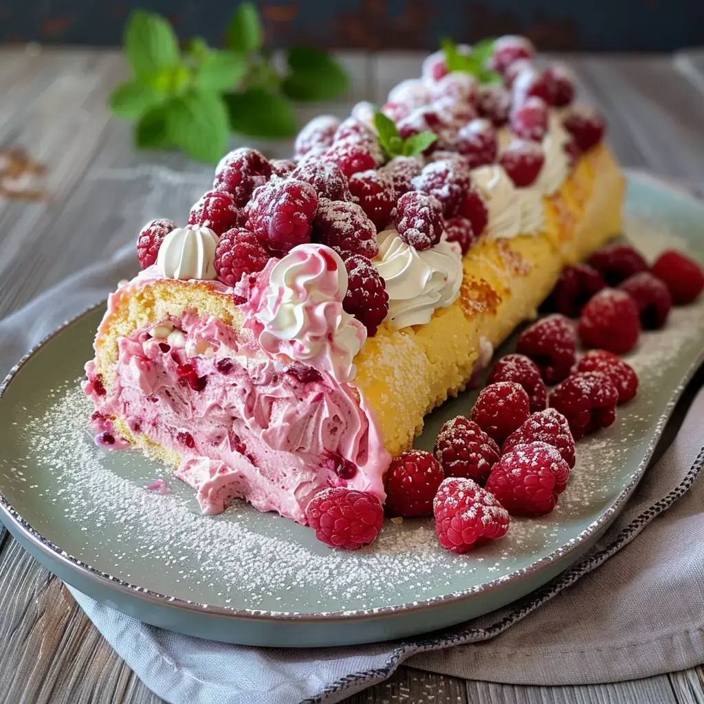 Une bûche de Noël décorée de framboises fraîches et de crème fouettée, délicatement saupoudrée de sucre glace