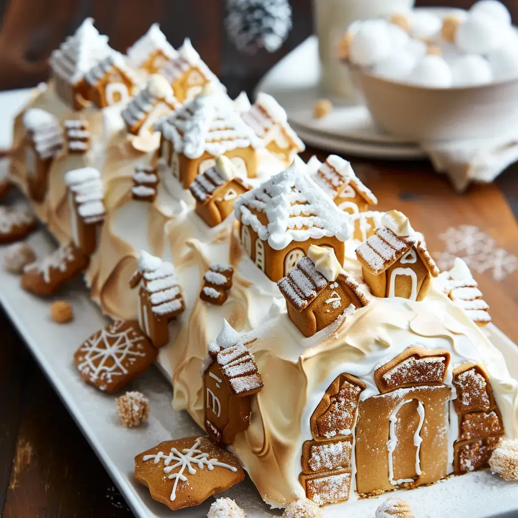 Bûche de Noël citron meringuée décorée de meringue caramélisée et de sablés, présentée sur un plat de service.