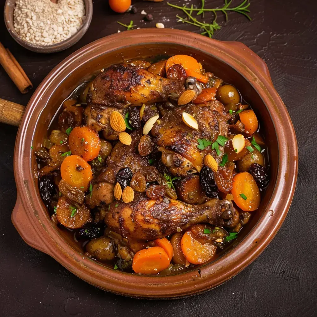 Un mijoté de poulet aux abricots et amandes dans une cocotte en fonte, garni de fruits secs et légumes