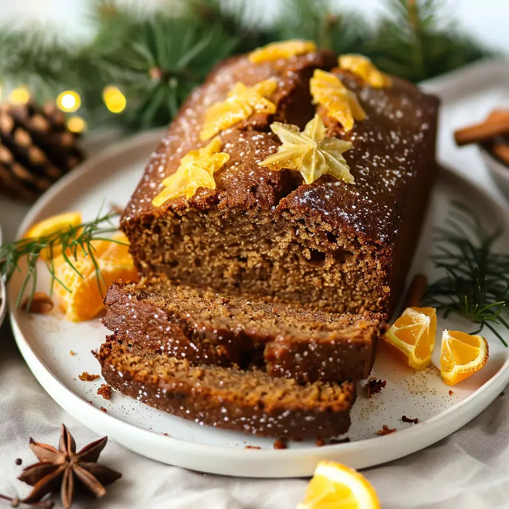 Un gâteau épicé orné de tranches d'orange et d'étoiles, coupé et présenté sur un plat avec des décorations de fête.