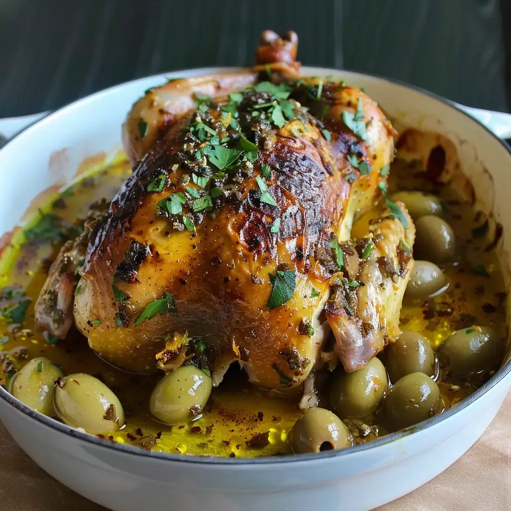 Poulet rôti marocain doré et laqué, garni de coriandre fraîche et d'olives vertes de Nyons dans sa sauce parfumée