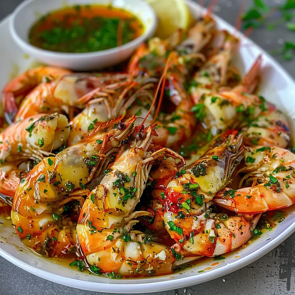 Crevettes royales grillées garnies de sauce au beurre et herbes fraîches