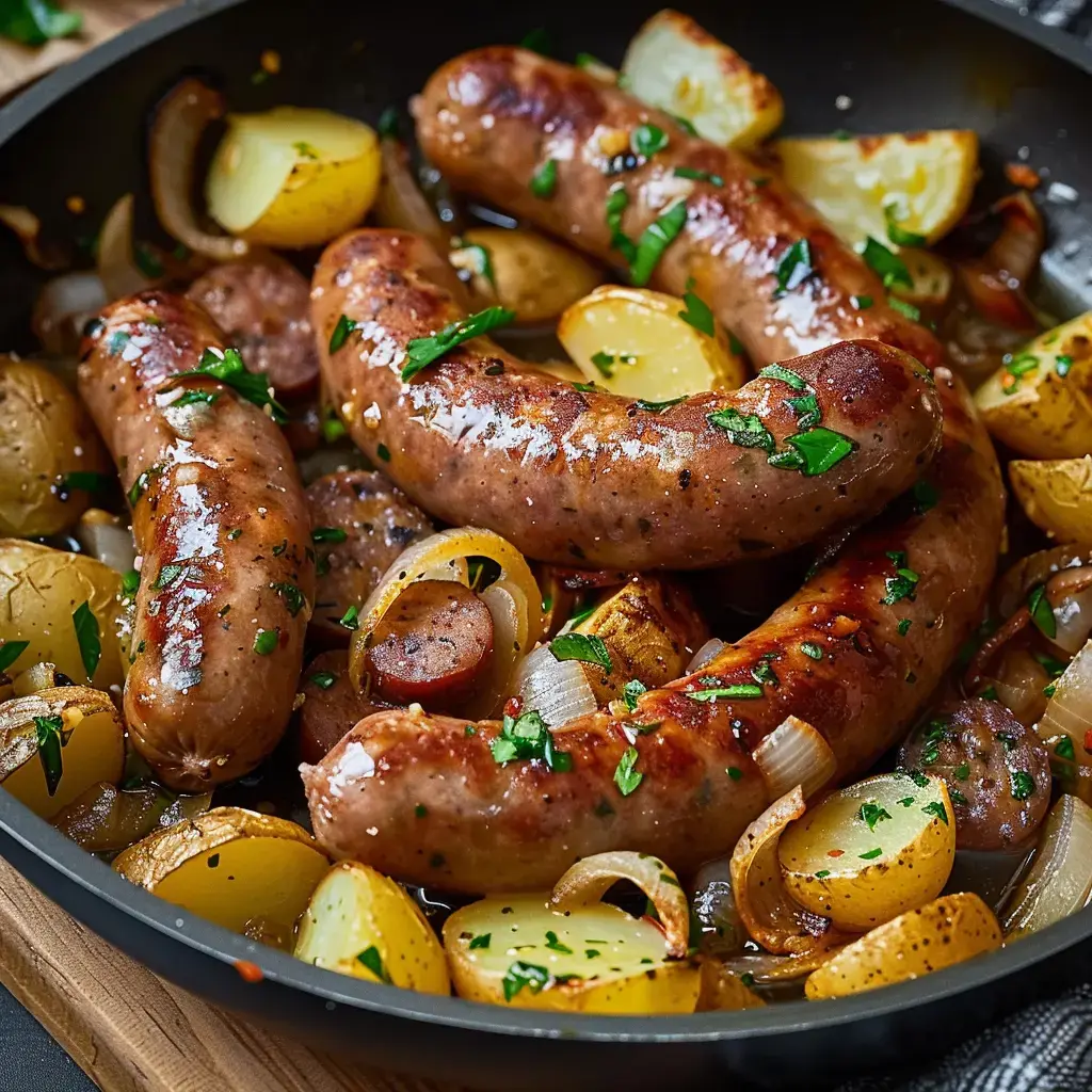 Cocotte en fonte contenant des saucisses de Morteau dorées avec pommes de terre rissolées et oignons caramélisés