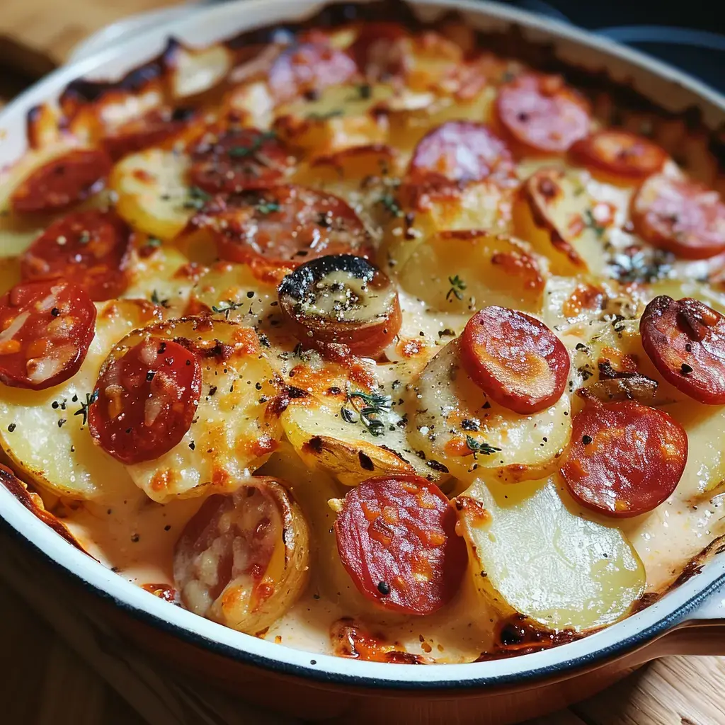 Un gratin dauphinois doré au chorizo, parsemé de Comté fondu et d'herbes fraîches