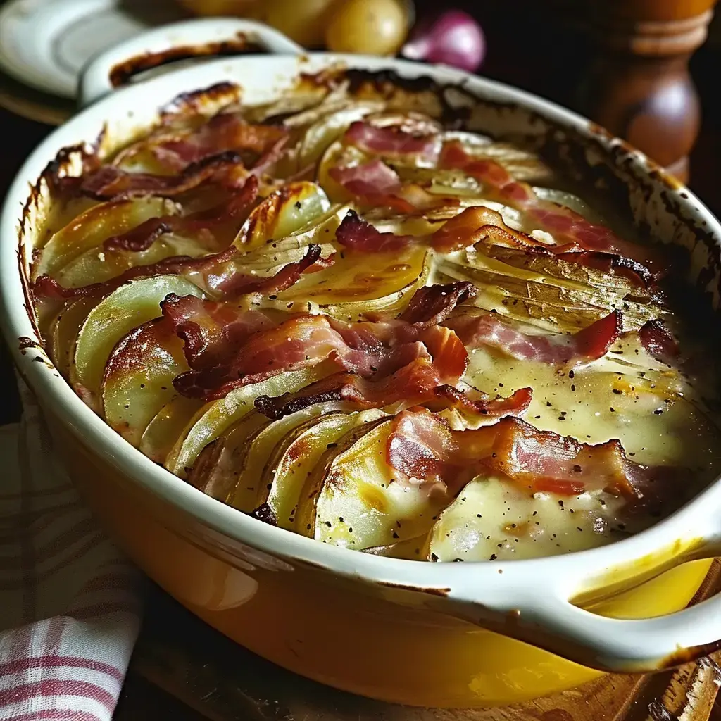 Un gratin de pommes de terre garni de lard croustillant et de crème, présenté dans un plat en céramique.