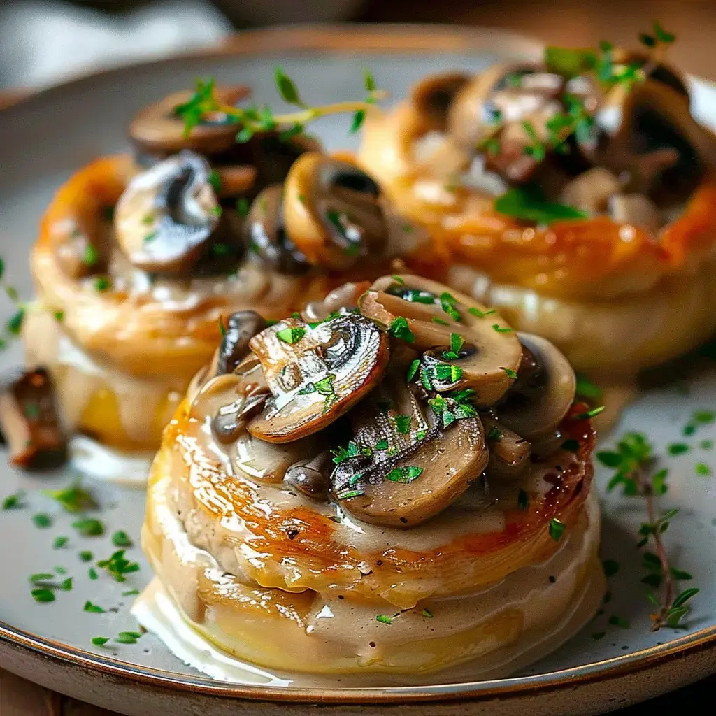 Trois bouchées à la reine garnies de champignons et fines herbes sur une assiette de service.