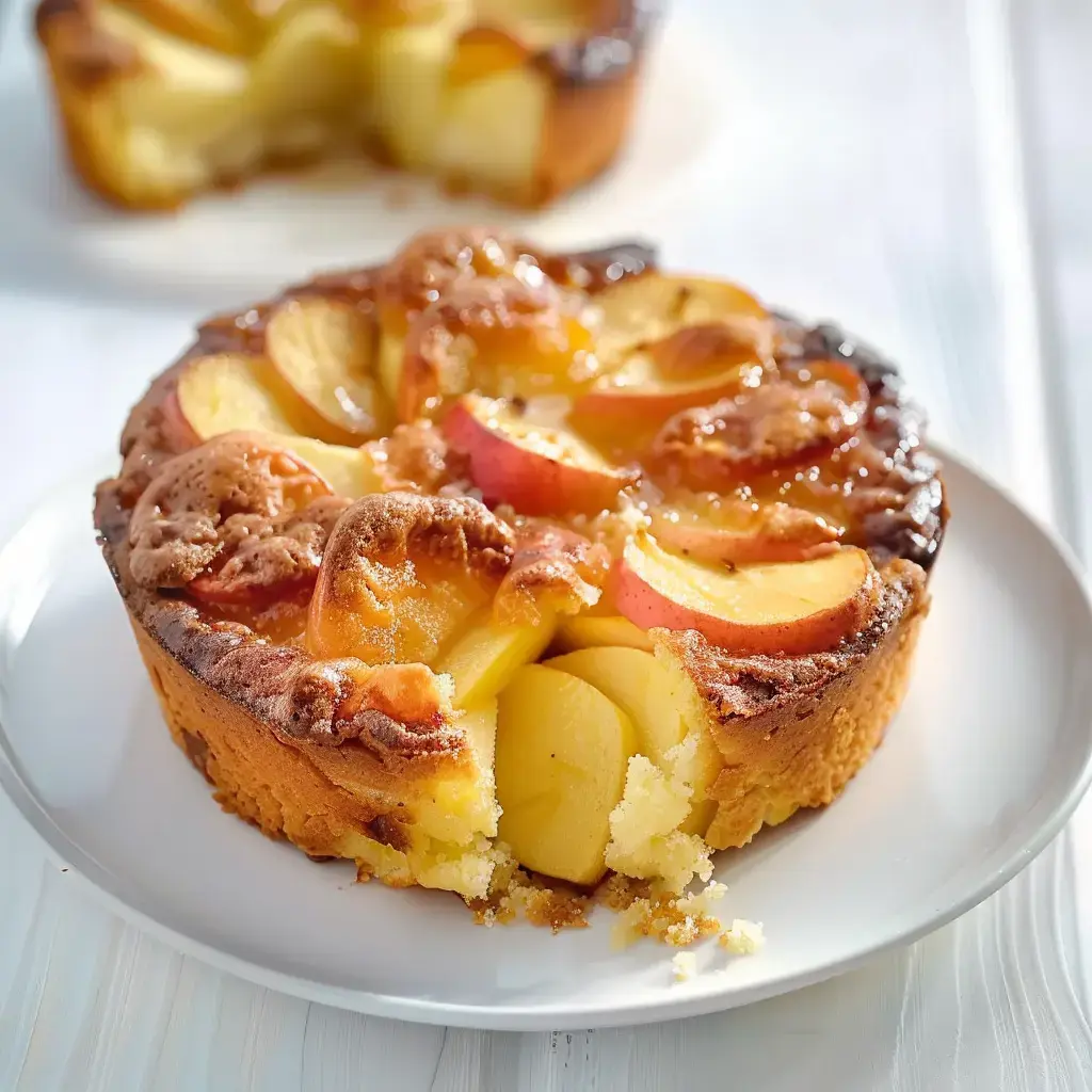 Gâteau aux pommes traditionnel français avec une part découpée révélant des lamelles de pommes dorées
