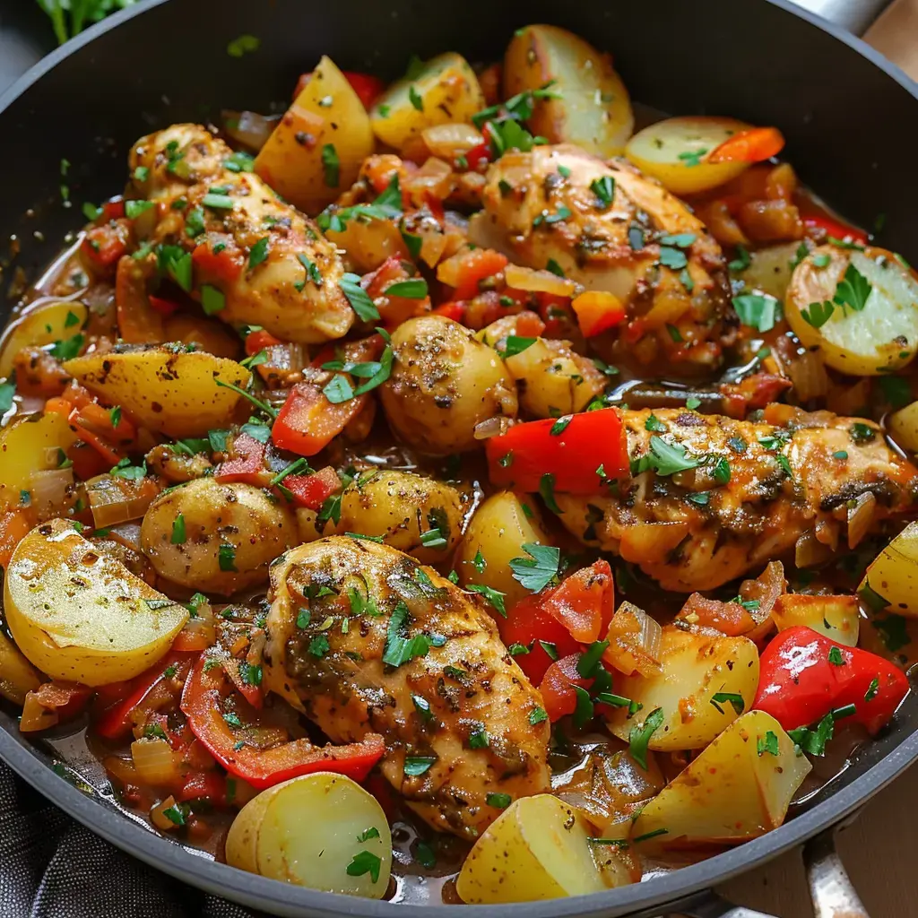 Un mijoté de poulet aux légumes de Provence, parsemé de persil frais
