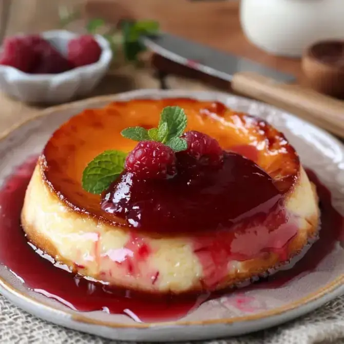 Flan nappé de coulis de framboise, garni de framboises fraîches et de feuilles de menthe