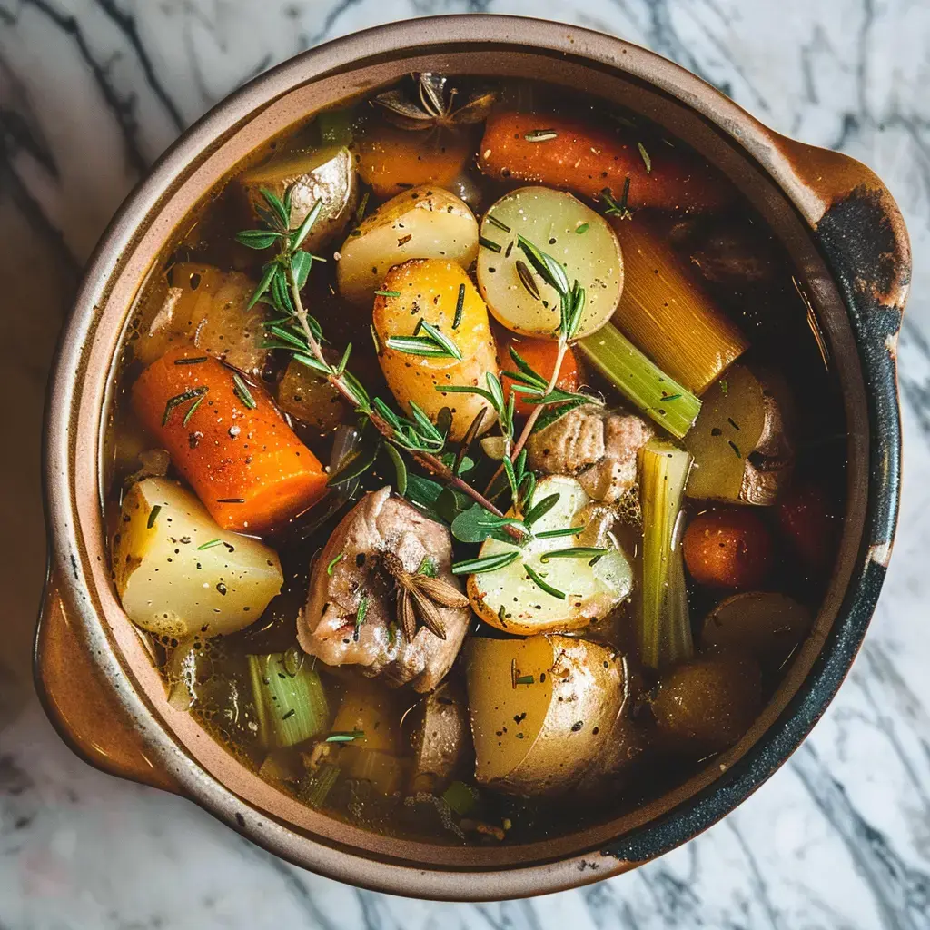 Un pot-au-feu traditionnel français servi dans une cocotte en fonte, garni de légumes colorés et de viande tendre