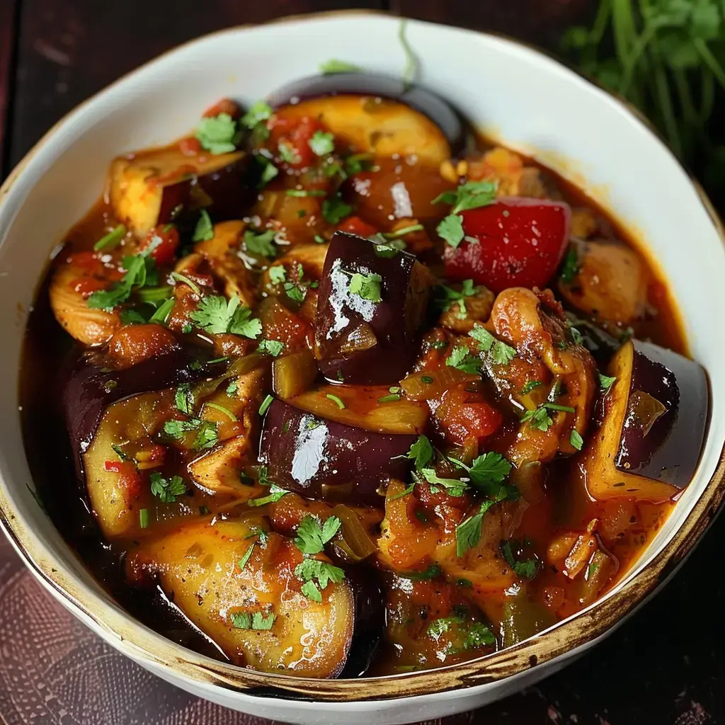 Un tajine fumant aux aubergines et poulet, parsemé de coriandre fraîche