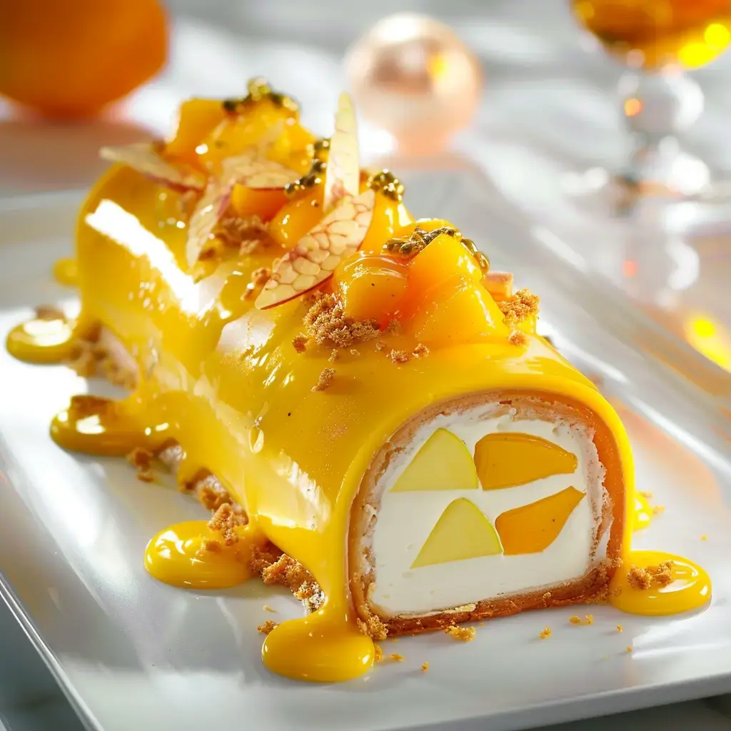 Bûche de Noël exotique décorée de fruits frais et de coulis mangue-passion sur un plat de service.