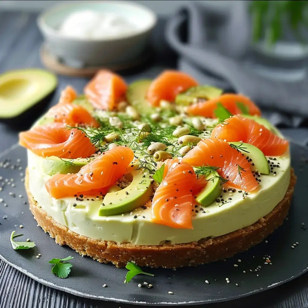 Cheesecake salé garni de saumon fumé, avocat et herbes fraîches