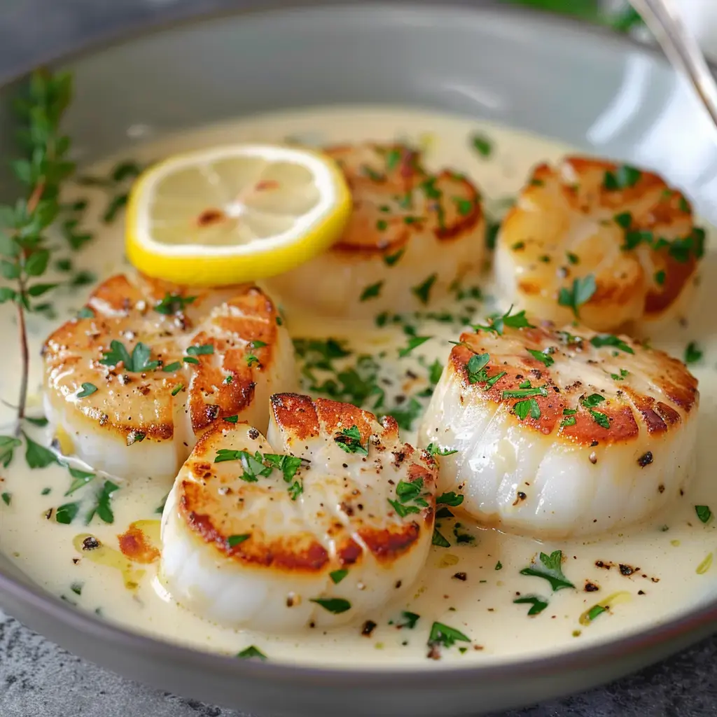 Des coquilles Saint-Jacques dorées nappées d'une sauce crémeuse, avec des touches de citron et persil.
