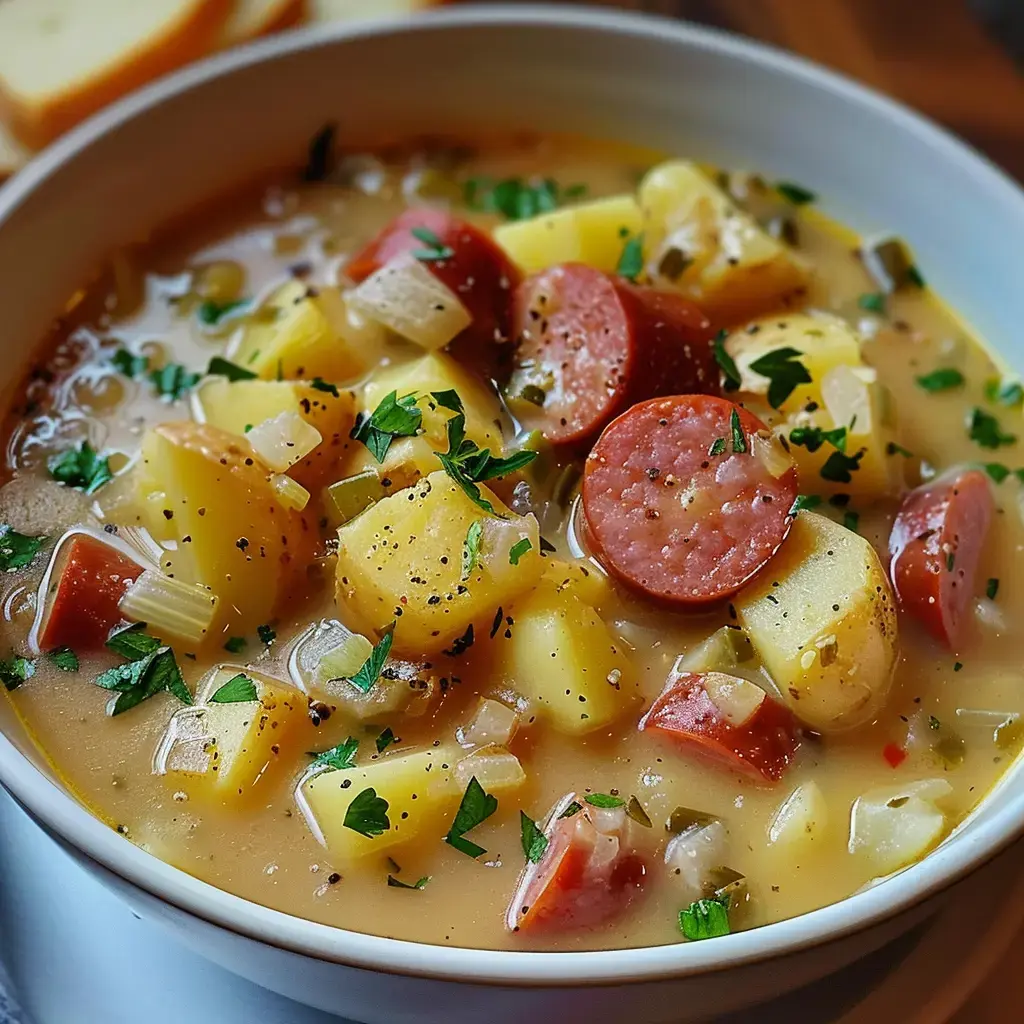 Une soupe crémeuse aux pommes de terre et saucisse de Morteau, parsemée de persil frais