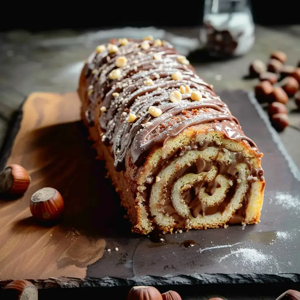Bûche de Noël au chocolat décorée de crème et d'éclats de noisettes sur ardoise.