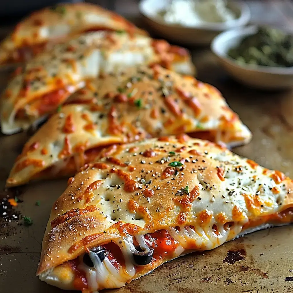 Quatre chaussons dorés garnis servis avec des sauces et herbes fraîches