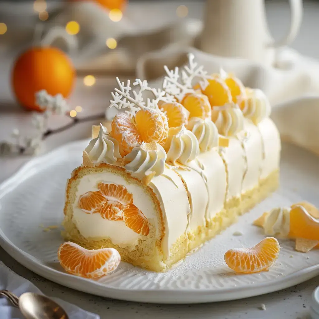 Bûche de Noël décorée de crème chantilly et clémentines fraîches, parsemée de flocons de sucre, présentée sur un plat festif.
