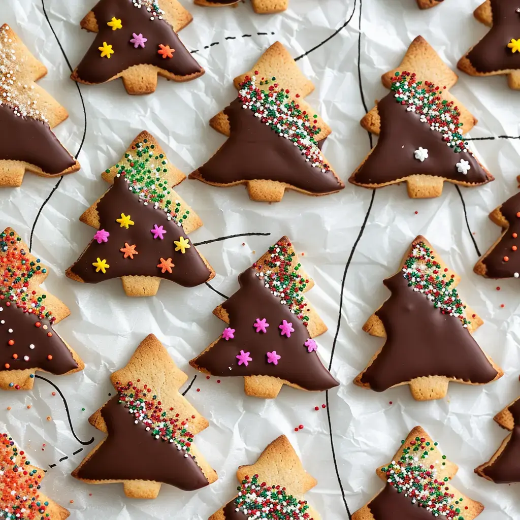 Des sablés festifs en forme de sapin décorés de chocolat et de sucre coloré disposés sur du papier cuisson.
