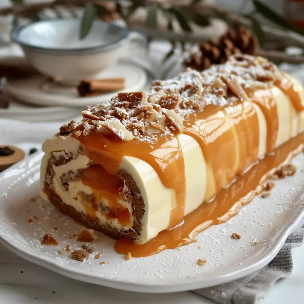 Bûche de Noël garnie de crème bavaroise et caramel, décorée avec un effet velours et des éclats croustillants