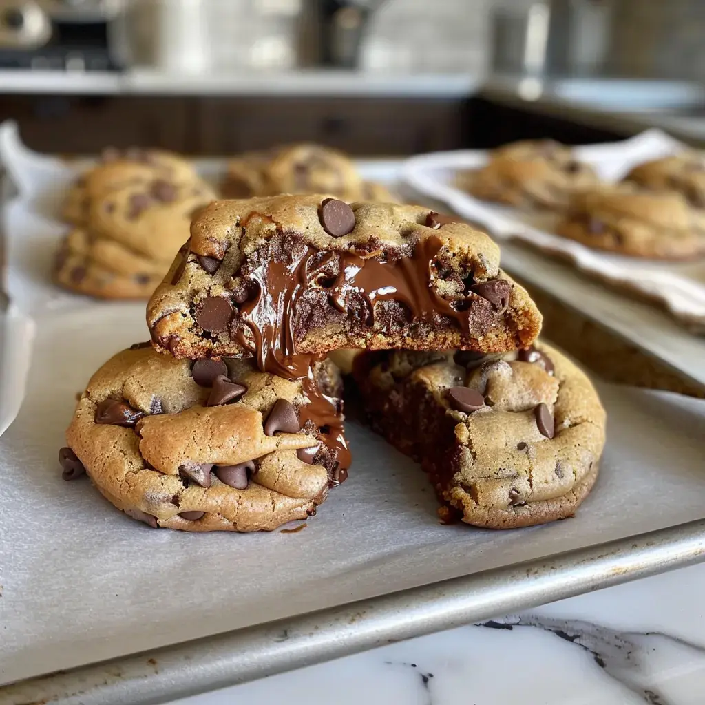 Cookies tendres aux pépites de chocolat, coupés en deux montrant un intérieur fondant au chocolat.