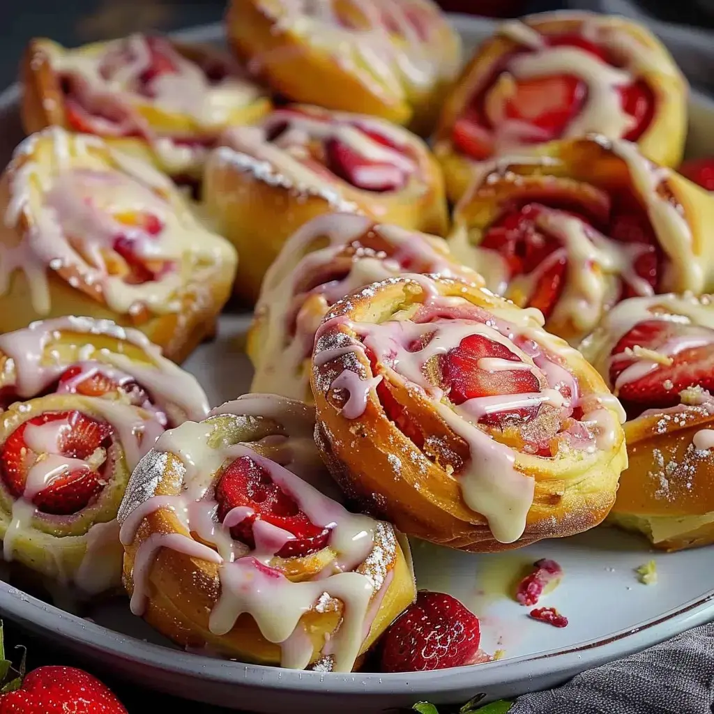Brioches aux fraises fraîchement cuites avec glaçage au St Môret