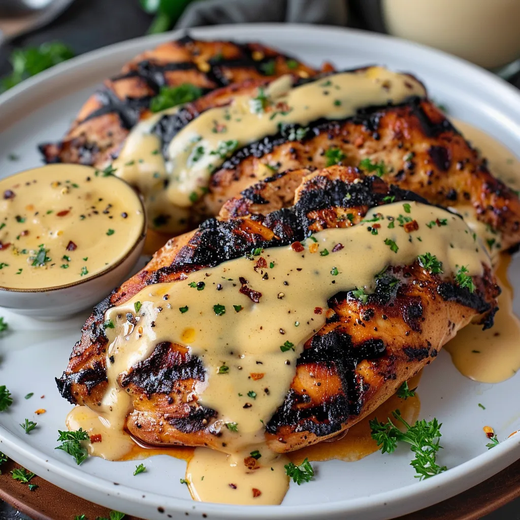 A plate of chicken with a sauce on it.