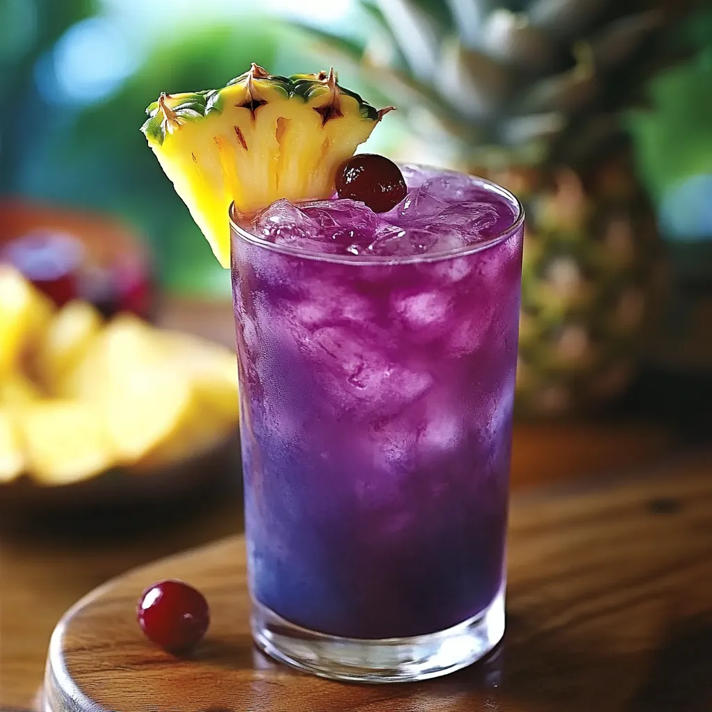 A pink drink with a pineapple wedge and cherry on top.