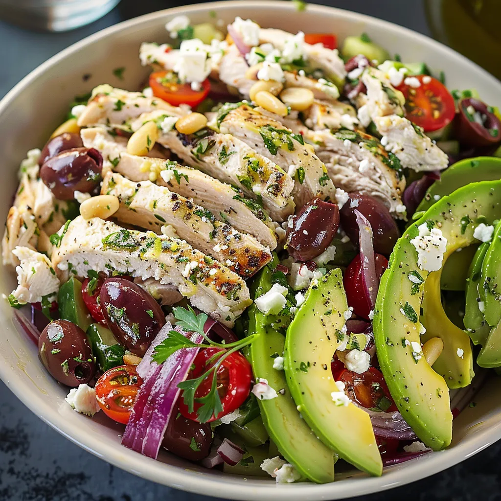 A bowl of food with chicken, avocado, tomatoes, and olives.