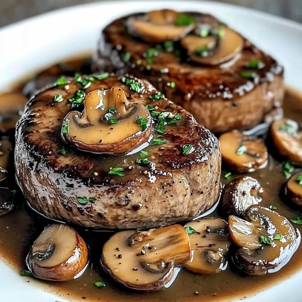 Two pieces of meat with mushrooms on top, served in a brown sauce.