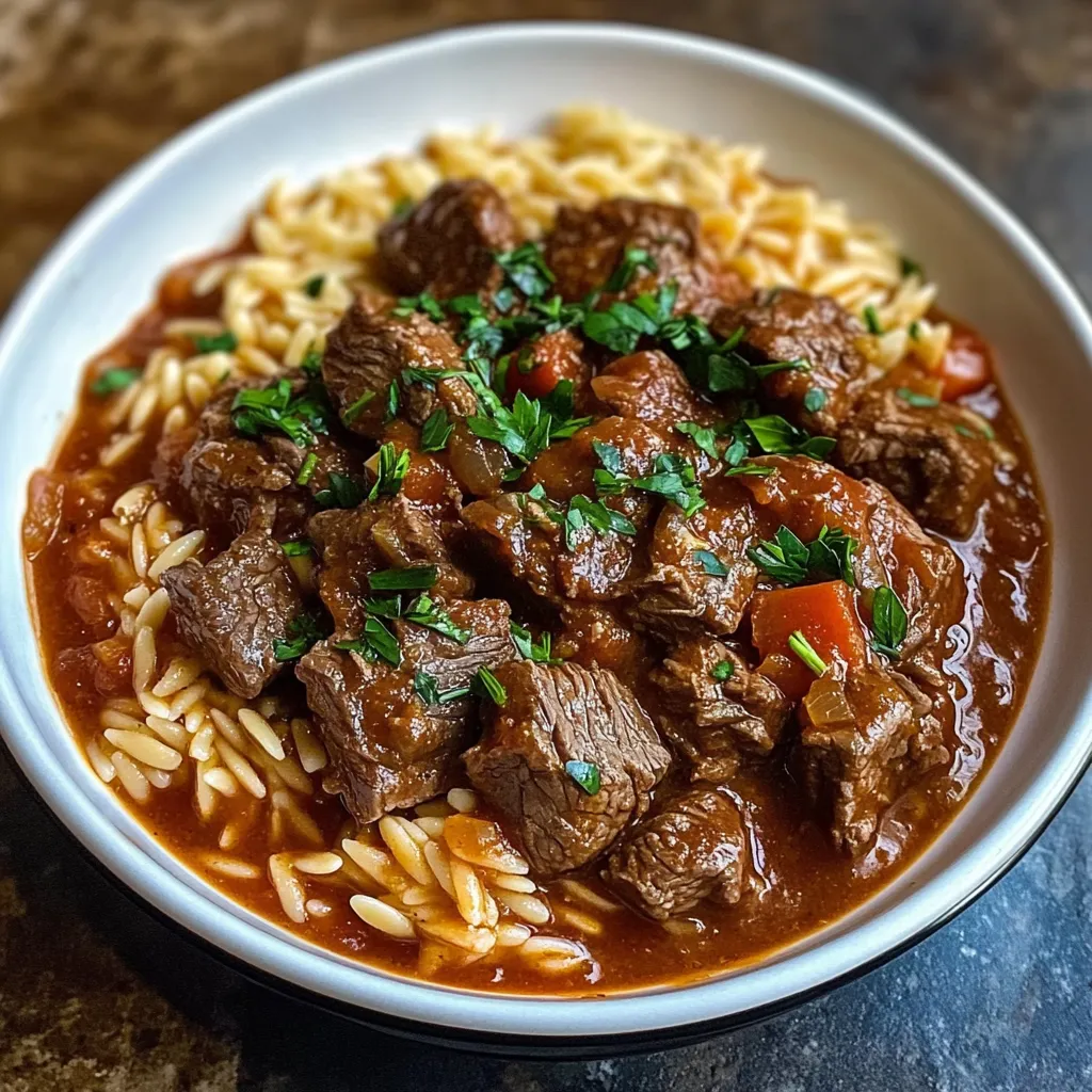 A bowl of beef stew with rice and herbs.