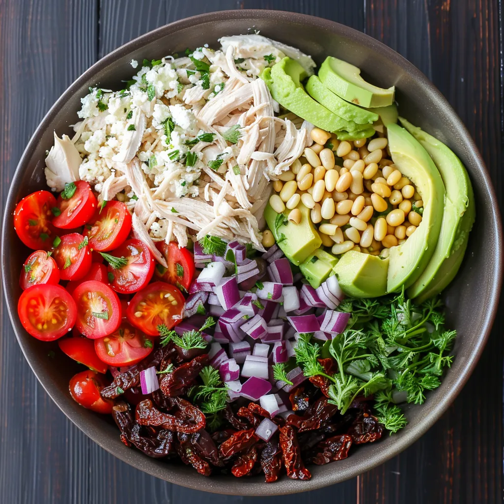 A bowl of food with a variety of ingredients, including tomatoes, onions, avocado, and chicken.