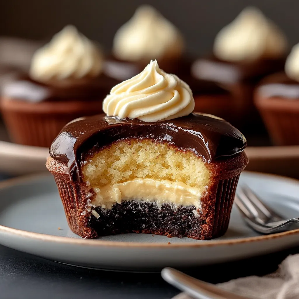 cupcakes Boston Cream avec garniture crémeuse et enrobage chocolaté