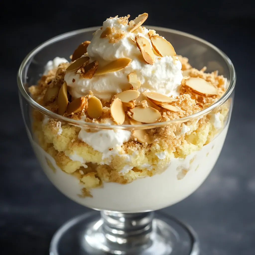 Un dessert léger à la crème fouettée et Drambuie, superposé avec des biscuits émiettés et parsemé d'amandes.