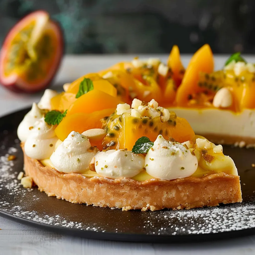 Tarte gourmande alliant coco, mangue et passion