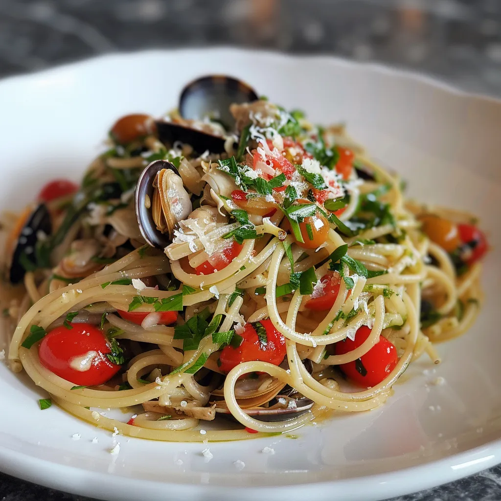 Délicieux plat de spaghettis aux légumes et palourdes