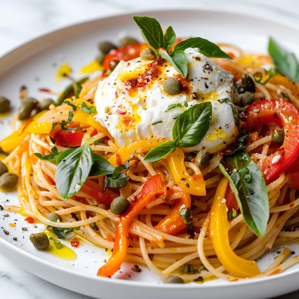Légumes et burrata sur spaghetti