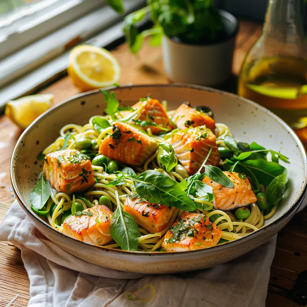 Savourez un plat gourmand de spaghettis aux fèves et saumon