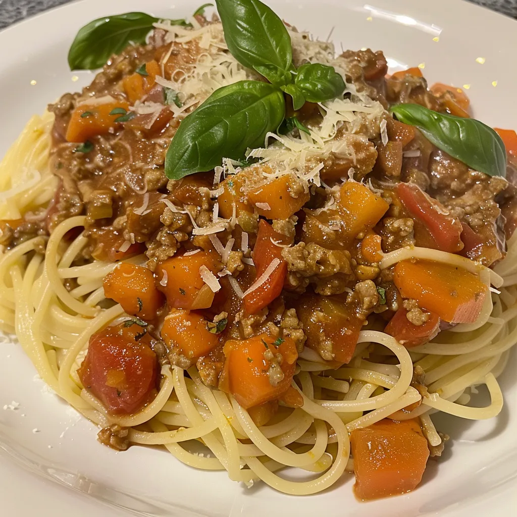 Délicieux spaghettis bolognaises au porc et légumes frais