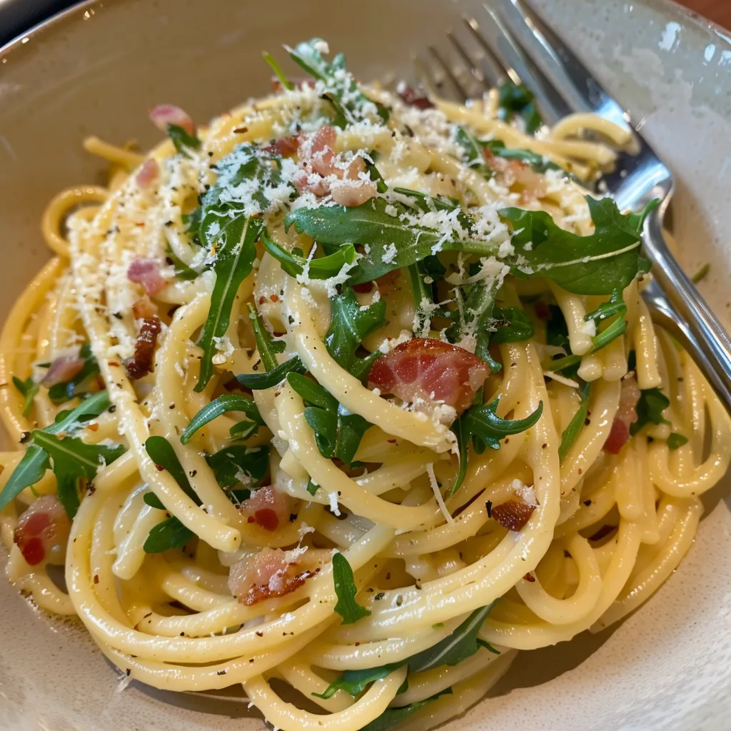 Savoureux spaghettis carbonara roquette