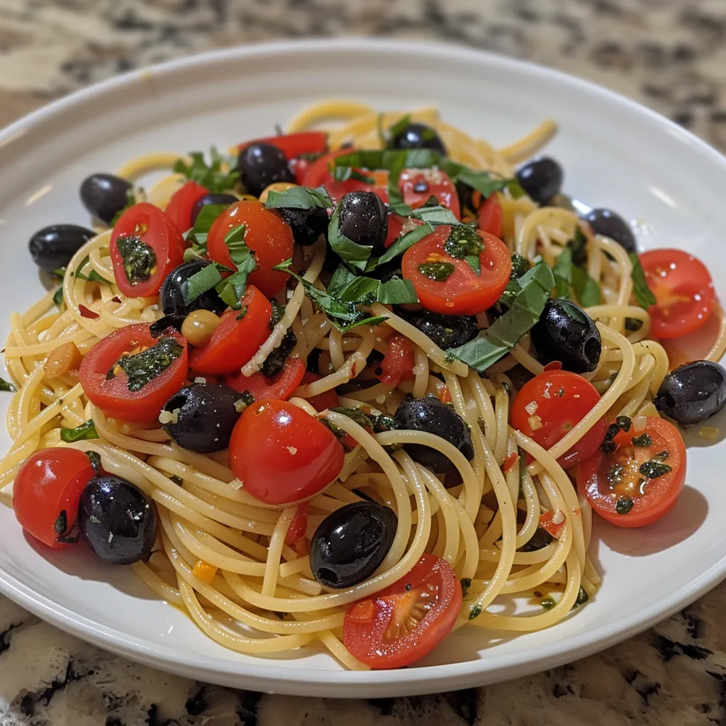 Tomates olives et basilic spaghetti