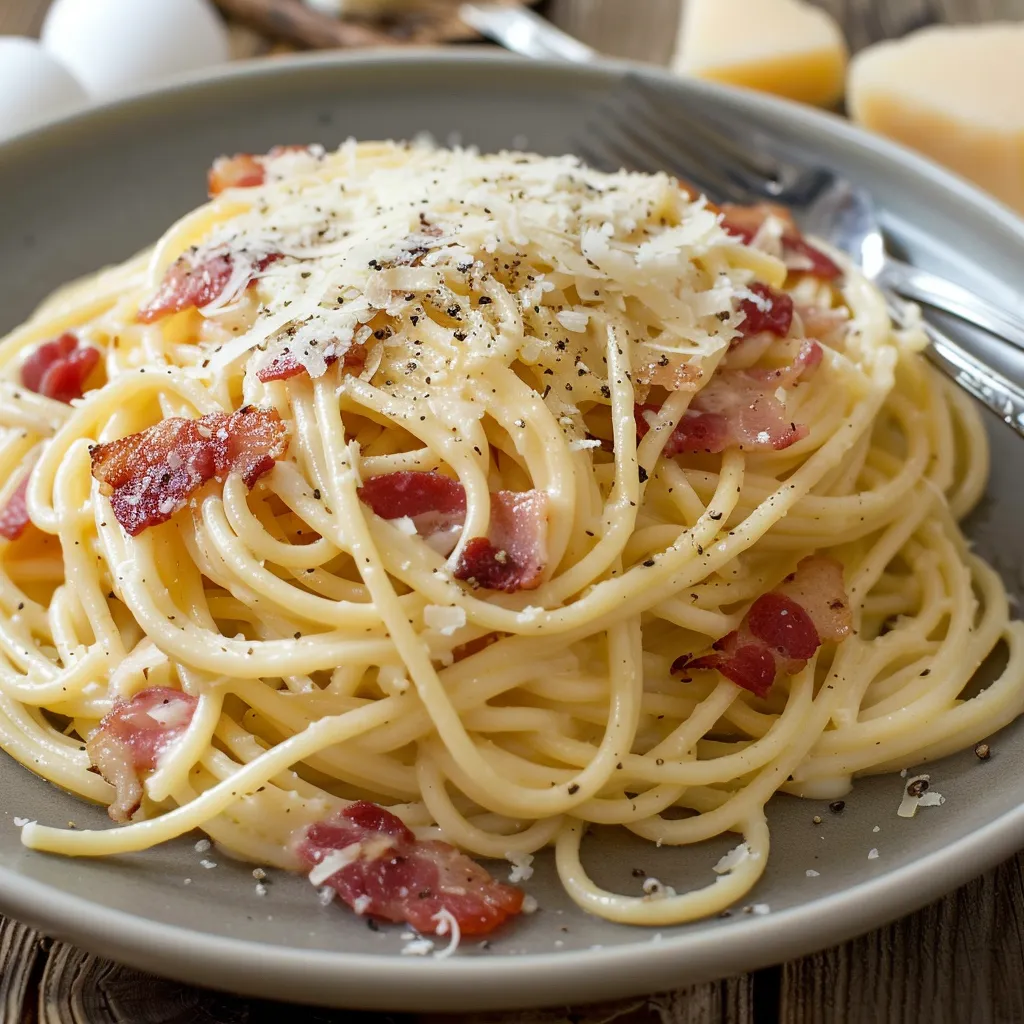 Délicieuse assiette de spaghetti carbonara maison