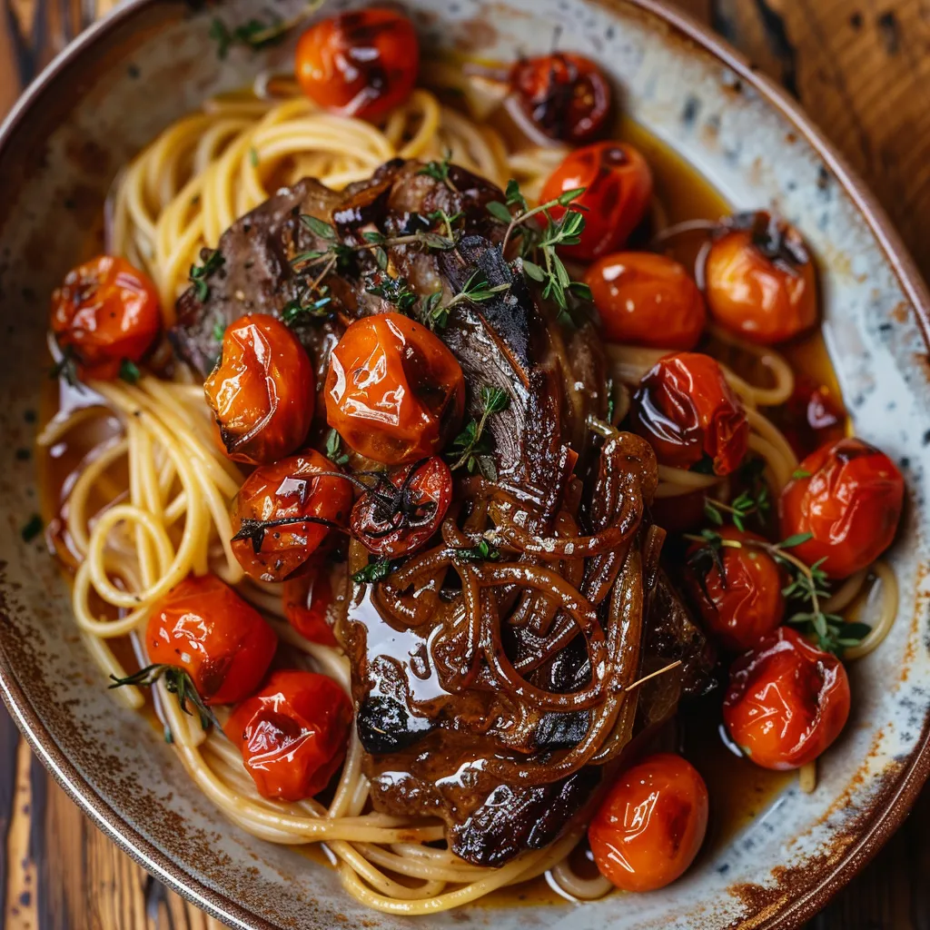 Spaghettis caramélisés et tendre agneau