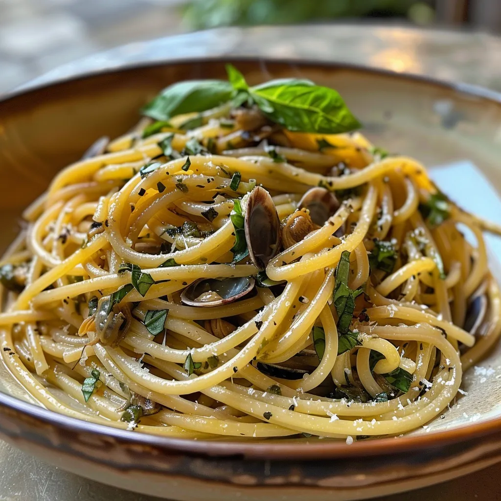 Spaghettis ail basilic et tellines