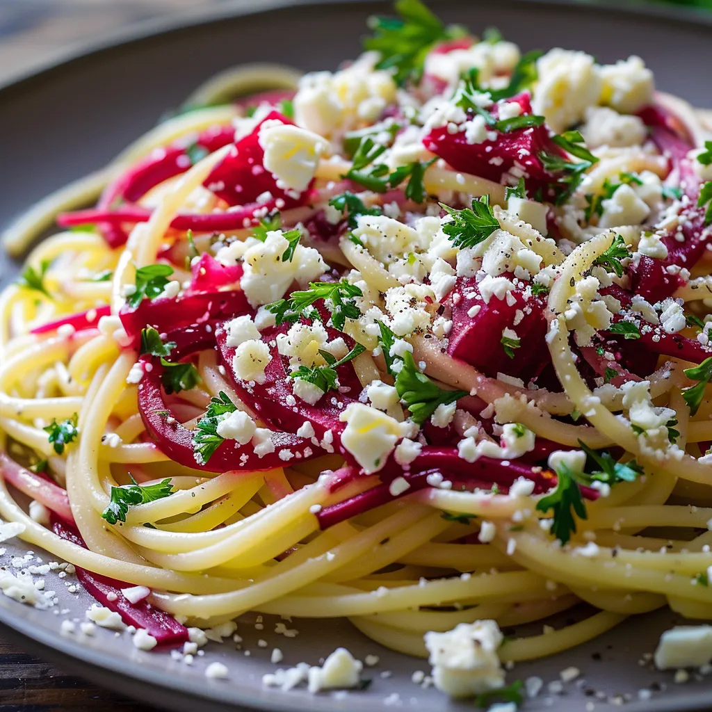 Spaghettis feta betterave