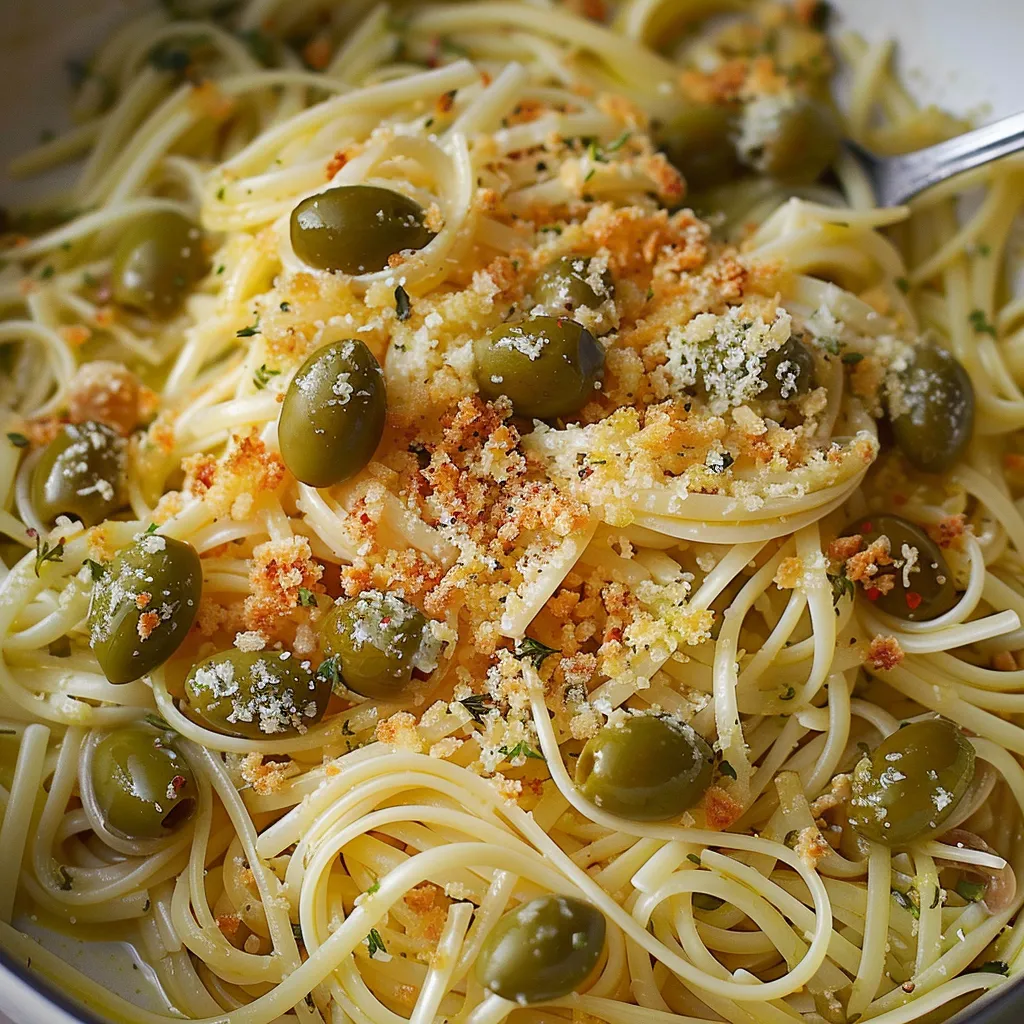 Des capellini aux olives vertes avec chapelure croustillante