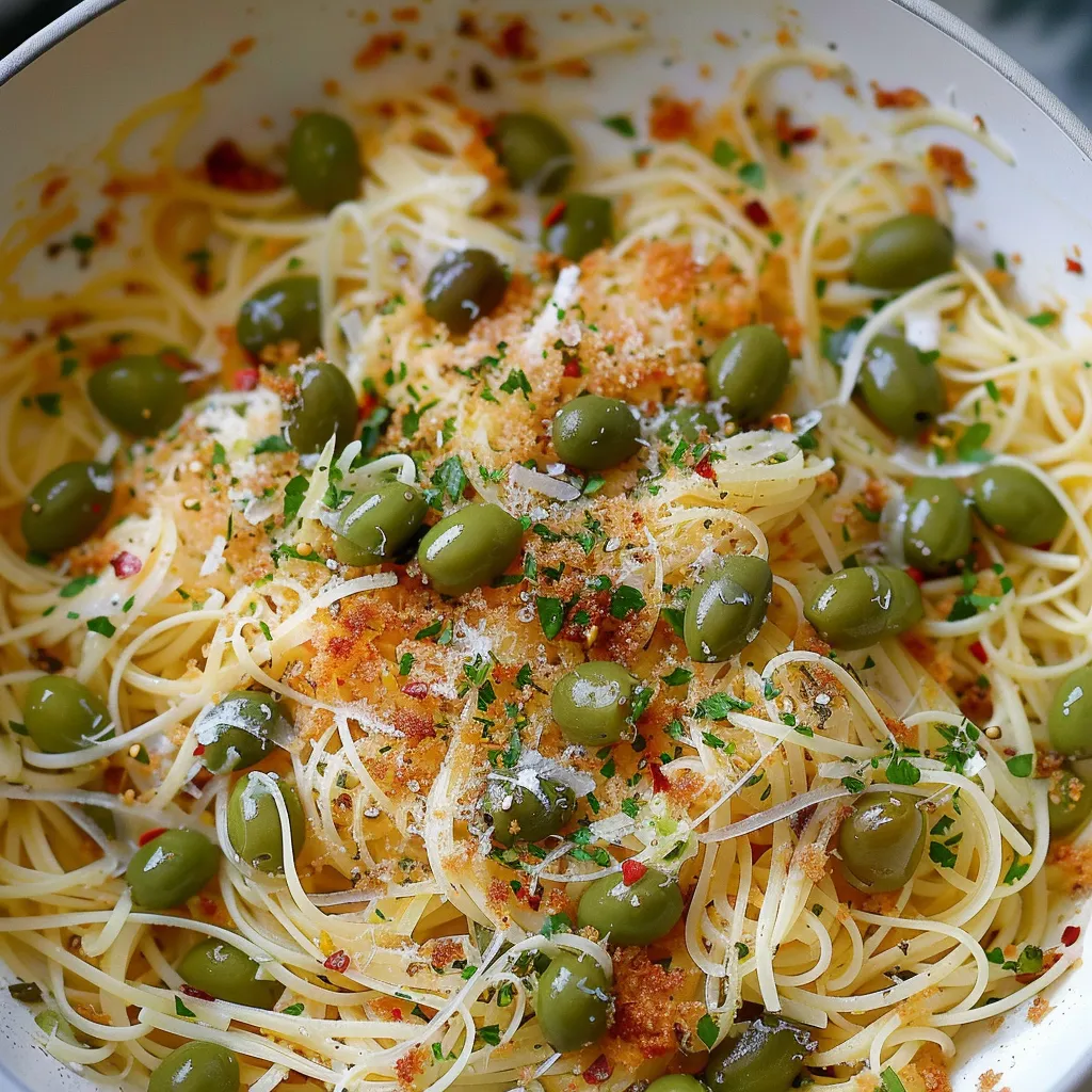Capellini délicats aux olives vertes et chapelure dorée