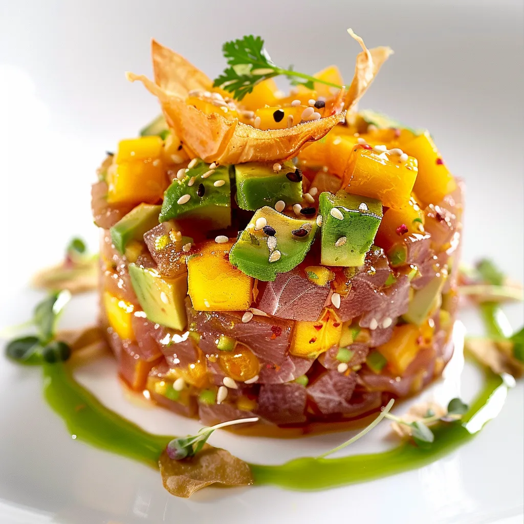 Mélange coloré de thon, mangue et avocat en tartare