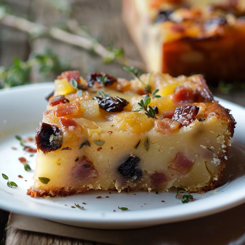 Délicieux cake aux pruneaux et lardons avec une touche de thym