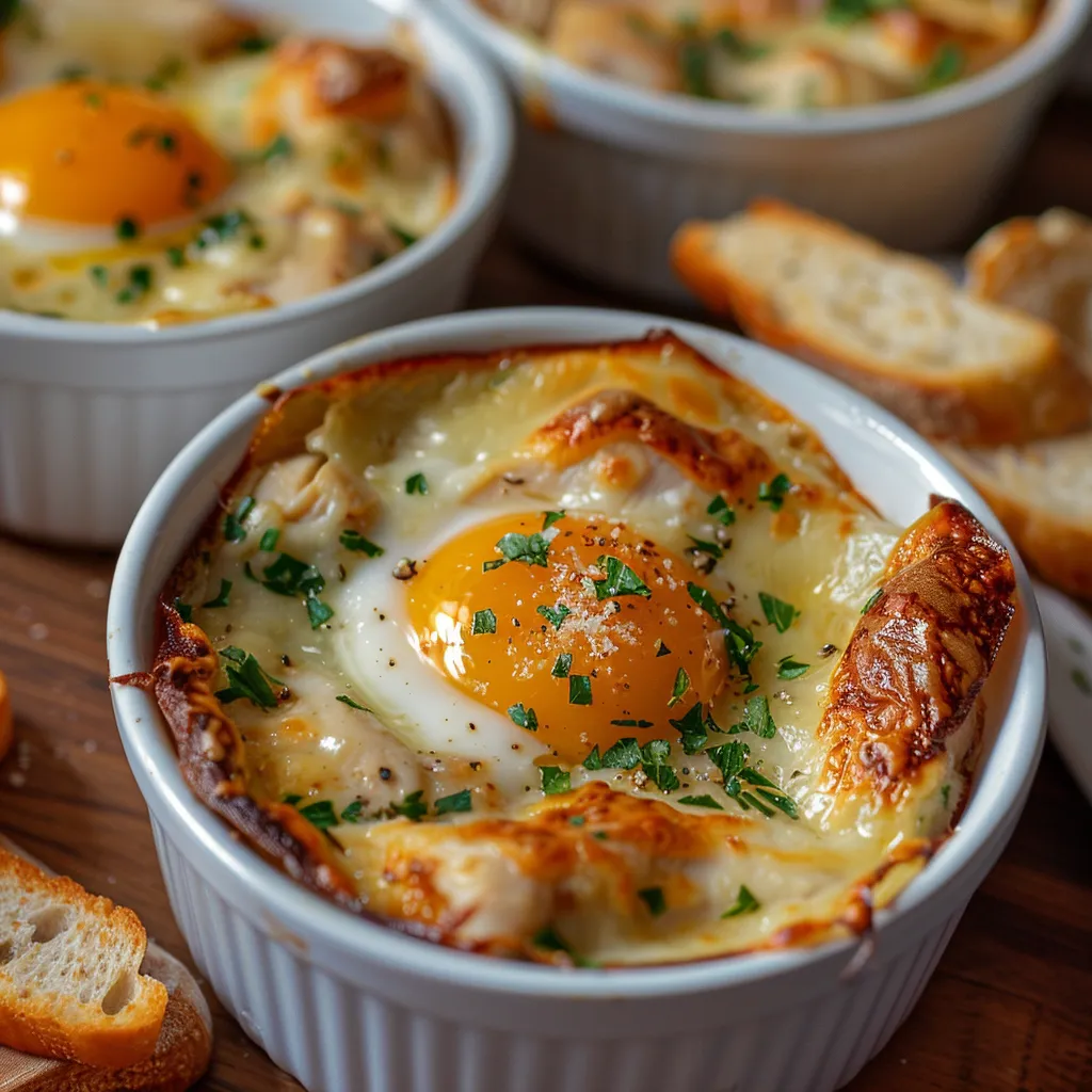Oeuf cocotte avec poulet et fromage